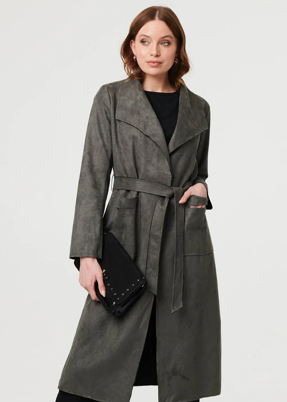 Izabel London Olive Suedette Tie Waist Longline Trench Coat - 16 Image 1