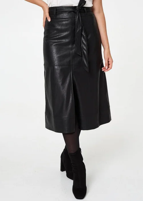 Izabel London Black Faux Leather Tie Waist A-Line Midi Skirt - 18 Image 3