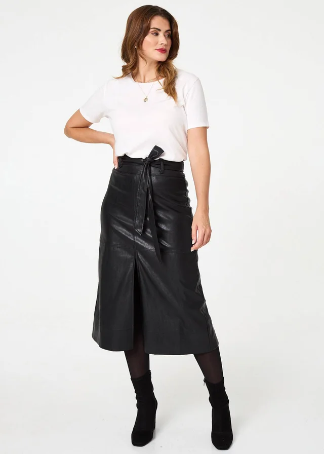 Izabel London Black Faux Leather Tie Waist A-Line Midi Skirt