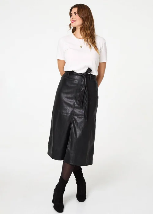 Izabel London Black Faux Leather Tie Waist A-Line Midi Skirt - 18 Image 4