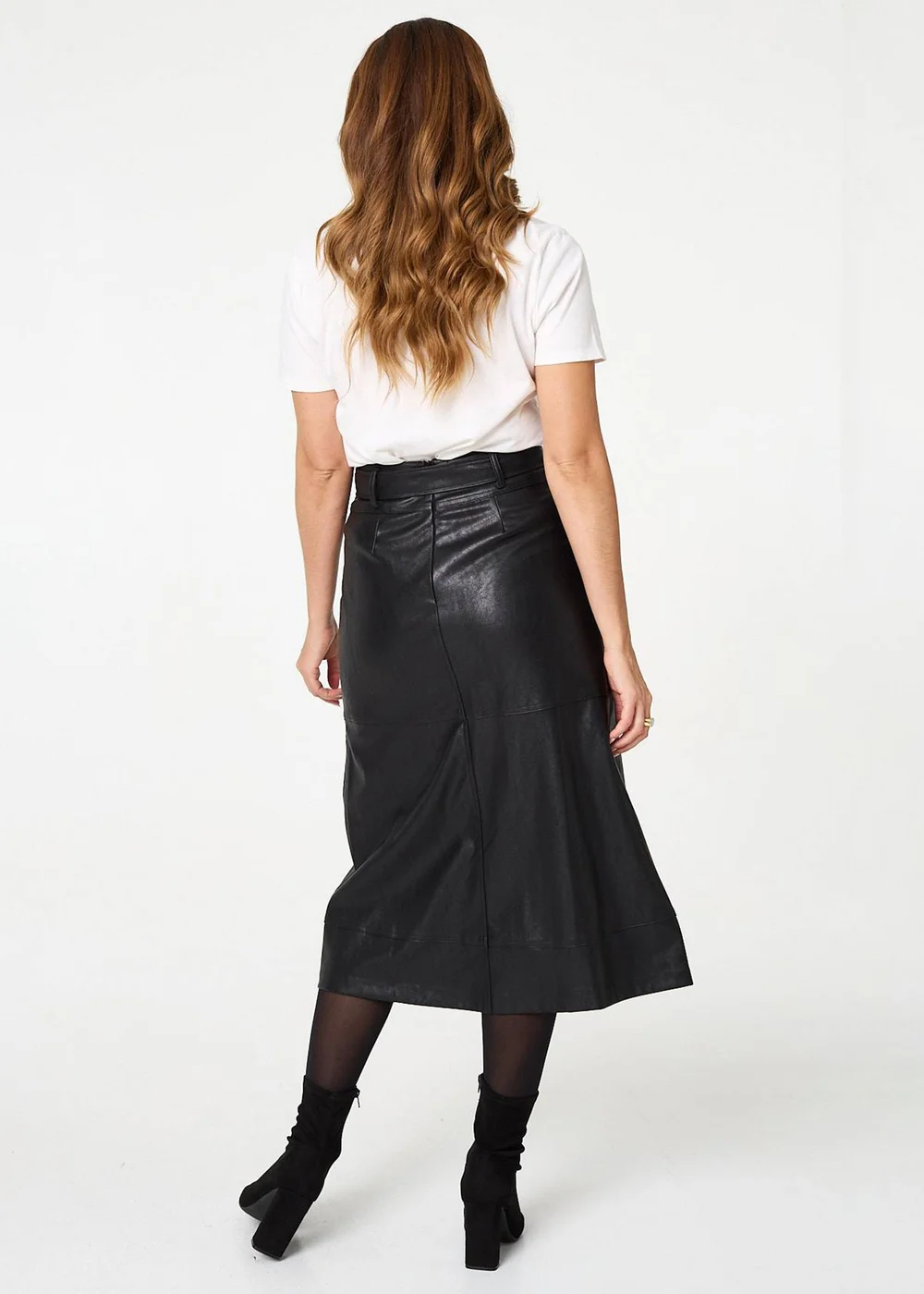 Izabel London Black Faux Leather Tie Waist A-Line Midi Skirt - 18 Image 2