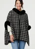 Izabel London Black Checked Faux Fur Trim 3/4 Sleeve Poncho - One Size Image 1