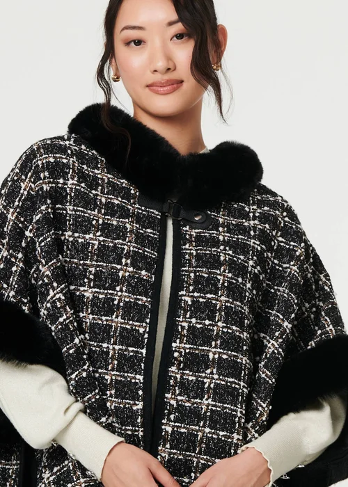 Izabel London Black Checked Faux Fur Trim 3/4 Sleeve Poncho - One Size Image 3
