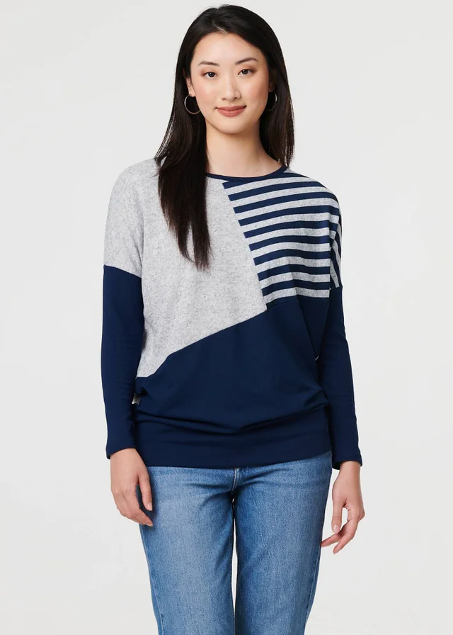 Izabel London Navy Geo Print Long Sleeve Drop Shoulder Top