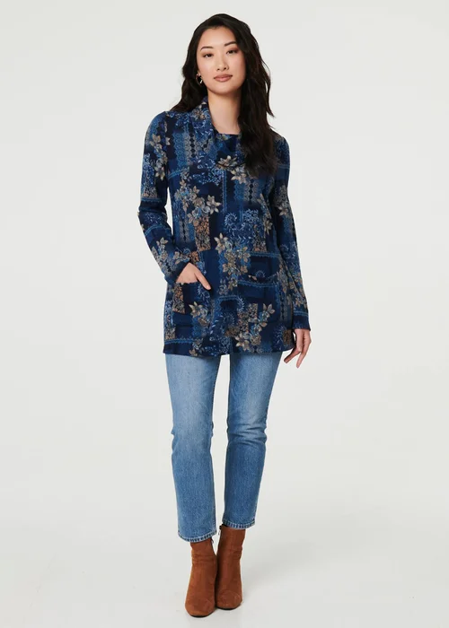 Izabel London Blue Printed Cowl Neck Long Sleeve Tunic Top - 10 Image 4