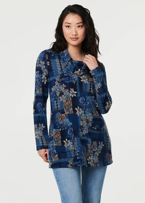 Izabel London Blue Printed Cowl Neck Long Sleeve Tunic Top - 10 Image 1