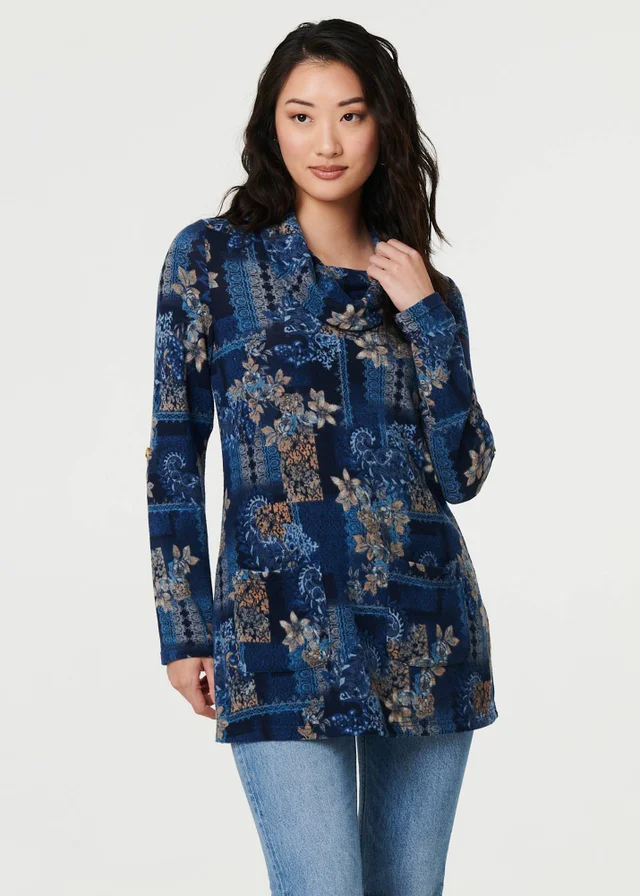 Izabel London Blue Printed Cowl Neck Long Sleeve Tunic Top