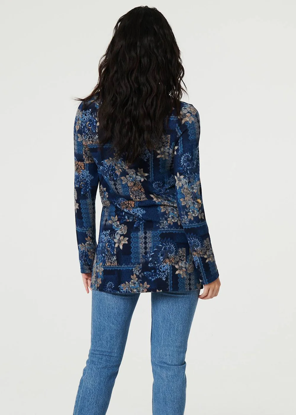 Izabel London Blue Printed Cowl Neck Long Sleeve Tunic Top - 10 Image 2