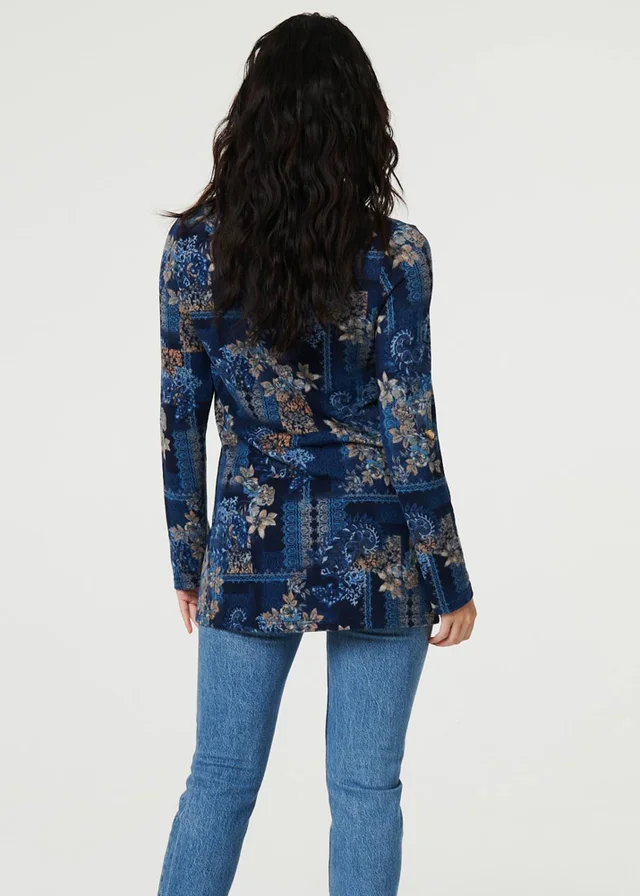 Izabel London Blue Printed Cowl Neck Long Sleeve Tunic Top