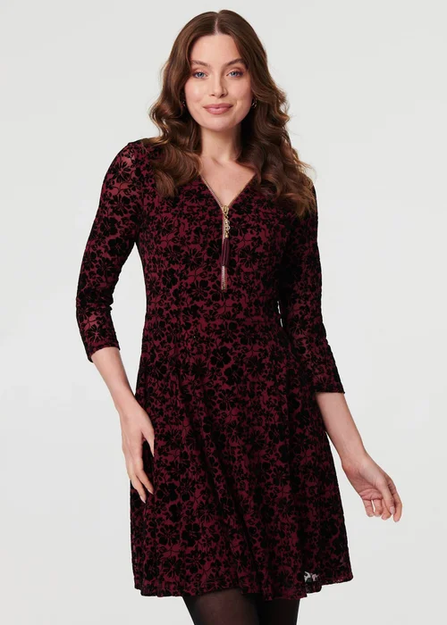 Izabel London Red Floral Zip V-Neck Short Skater Dress - 10 Image 1