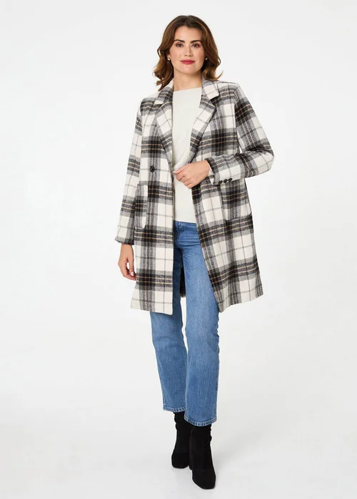Izabel London Beige Checked Double Breasted Longline Coat - 10 Image 4