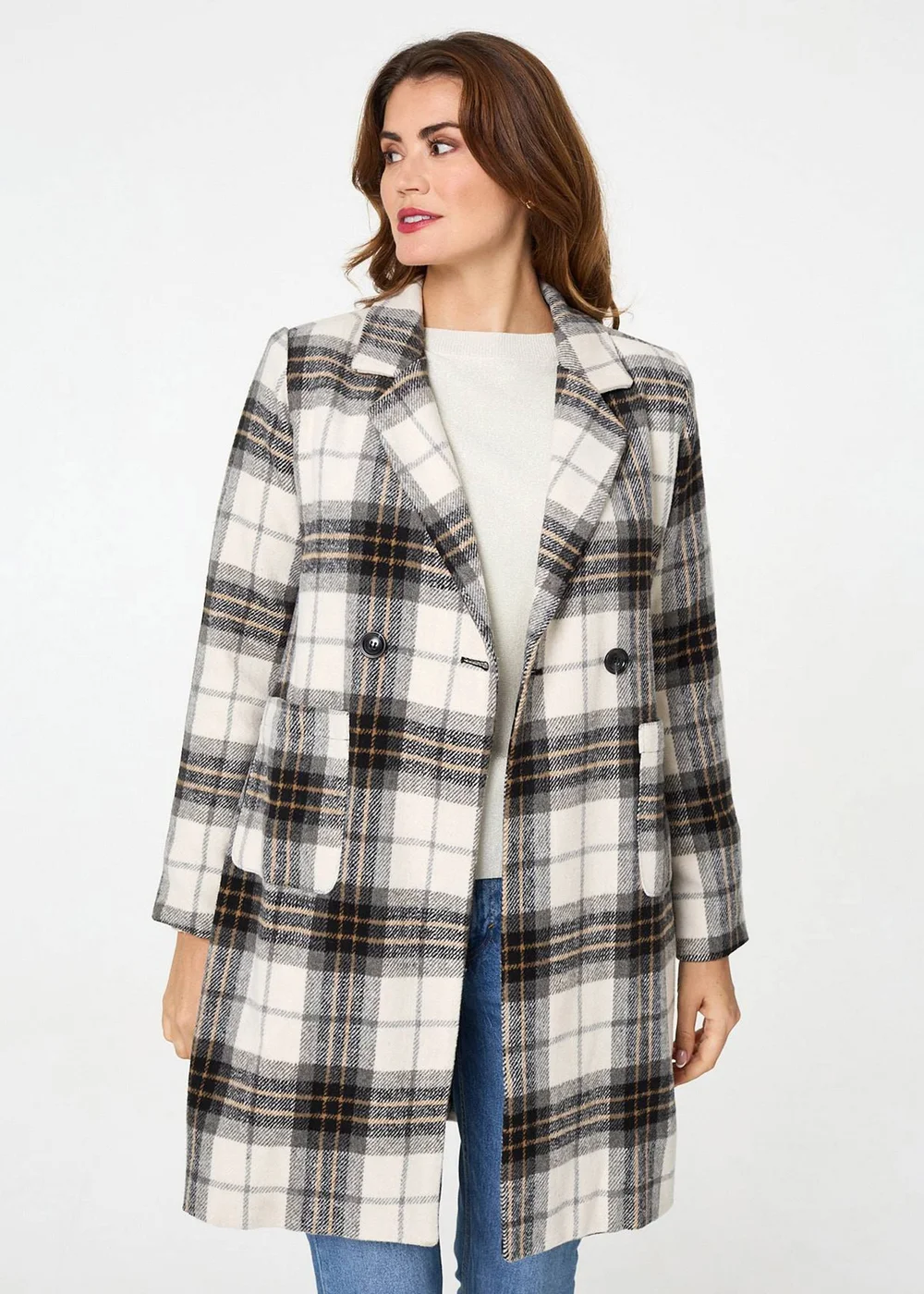 Izabel London Beige Checked Double Breasted Longline Coat - 10 Image 1