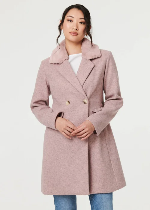 Izabel London Pink Fur Trim Double Breasted Longline Coat - 14 Image 1