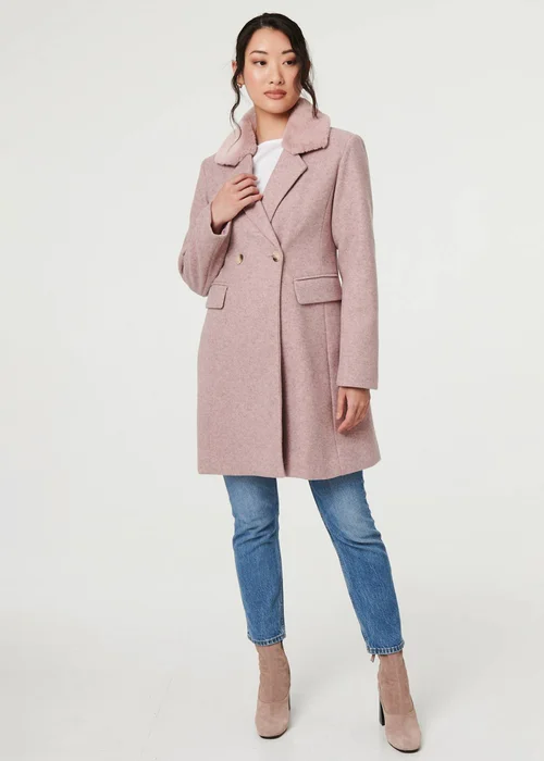 Izabel London Pink Fur Trim Double Breasted Longline Coat - 14 Image 4