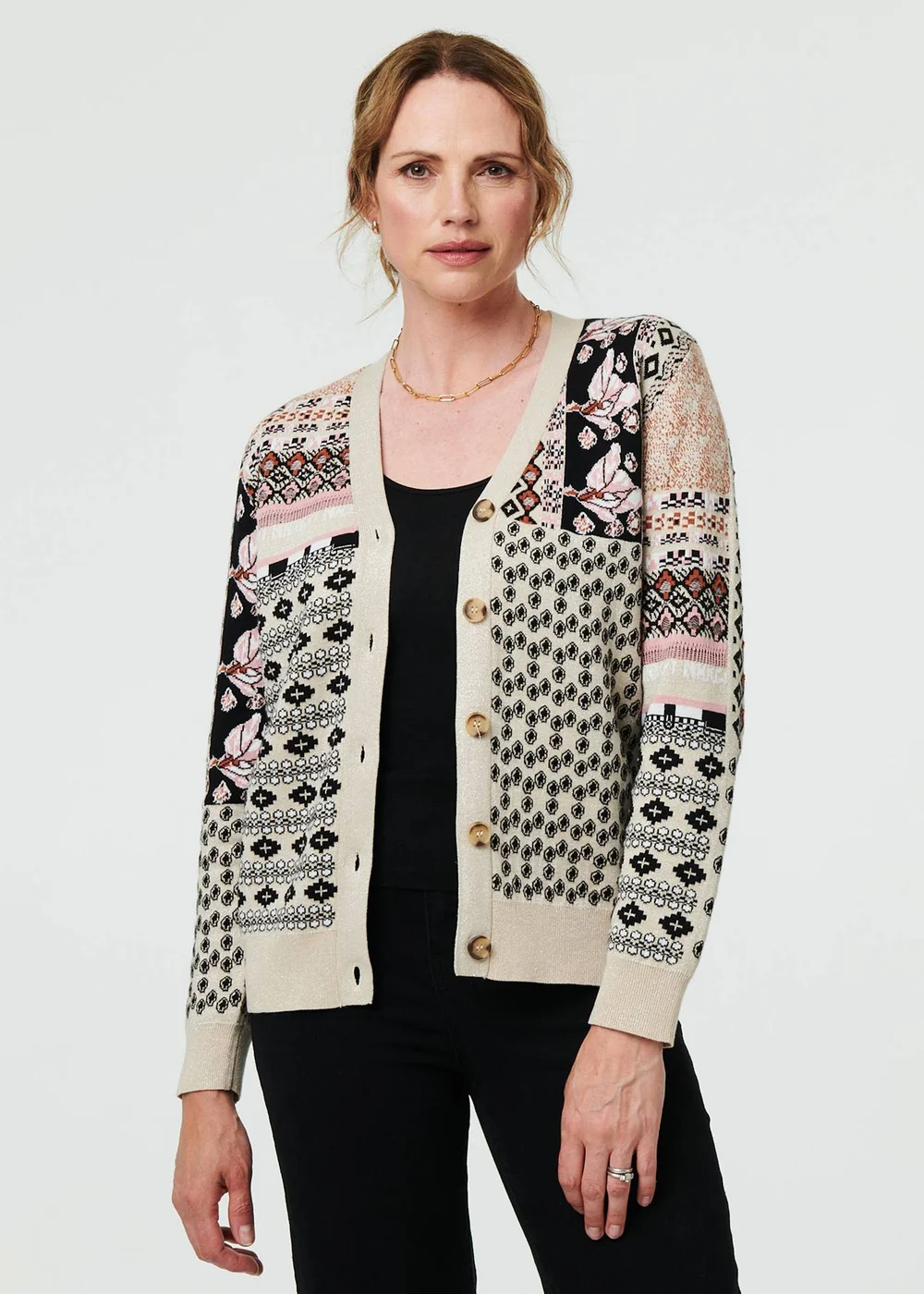 Izabel London Cream Patchwork Print Long Sleeve Cardigan - 10 Image 1