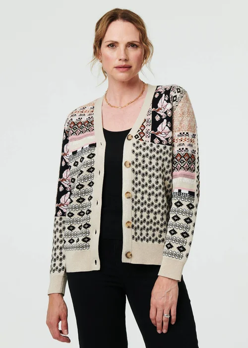 Izabel London Cream Patchwork Print Long Sleeve Cardigan - 10 Image 1