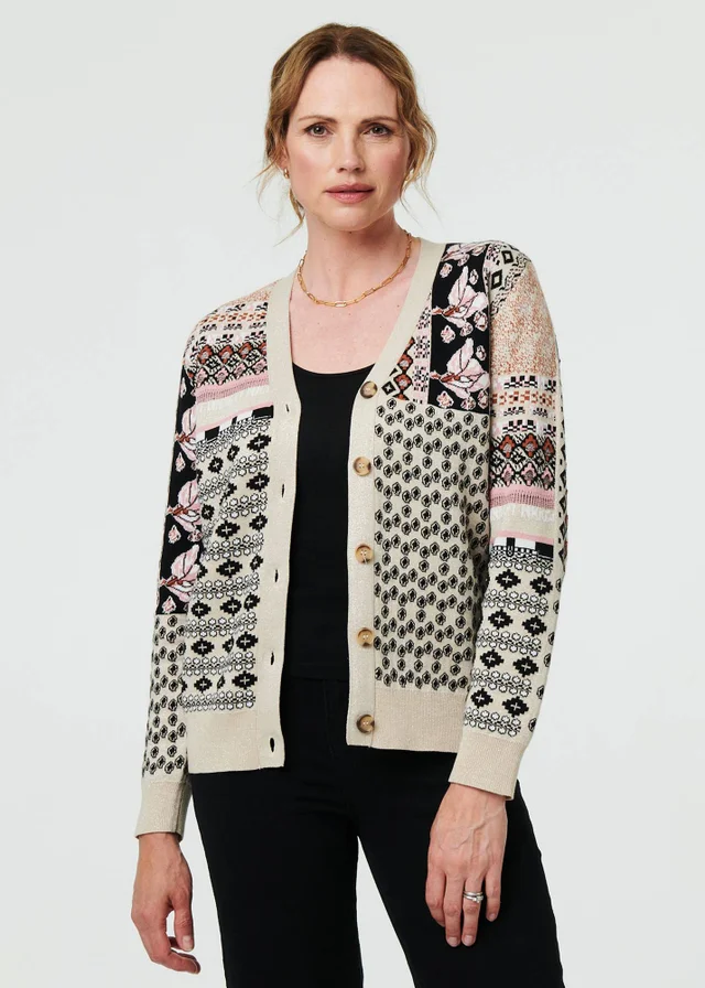 Izabel London Cream Patchwork Print Long Sleeve Cardigan