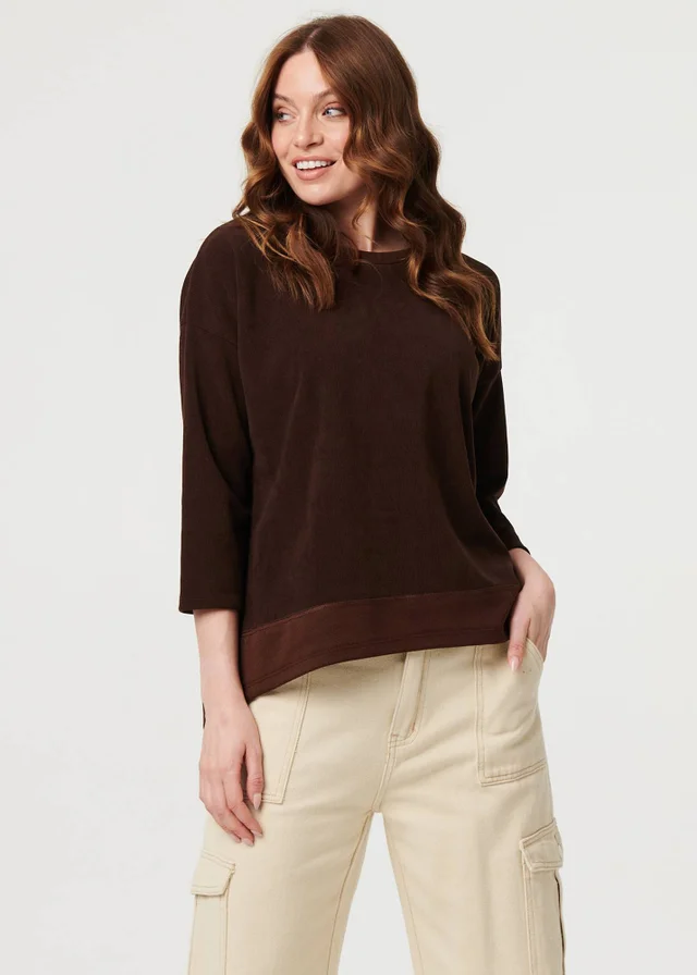 Izabel London Brown Contrast Hem Relaxed 3/4 Sleeve Jumper