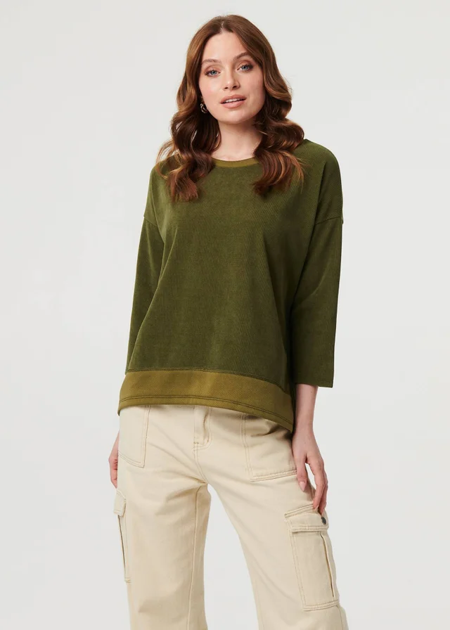 Izabel London Khaki Contrast Hem Relaxed 3/4 Sleeve Jumper