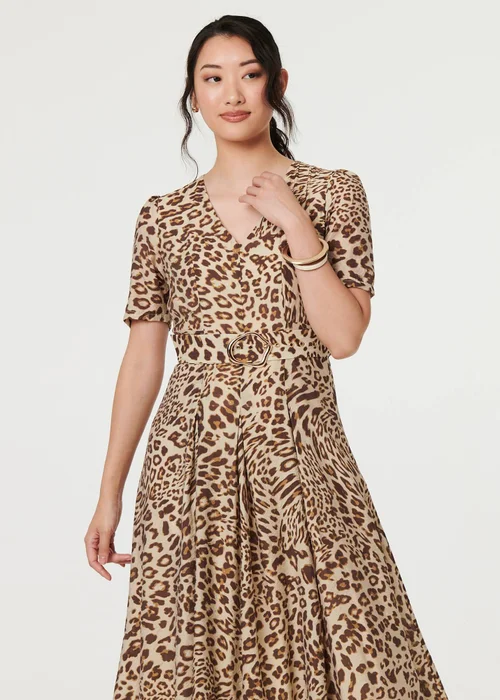 Izabel London Brown Animal Print Belt Detail Midi Dress - 16 Image 4