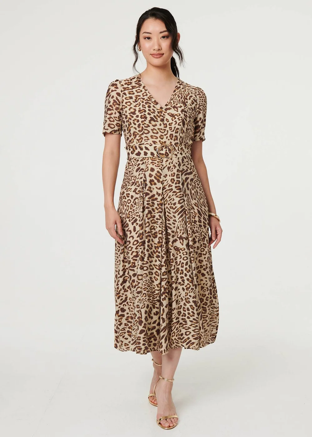 Izabel London Brown Animal Print Belt Detail Midi Dress - 16 Image 1