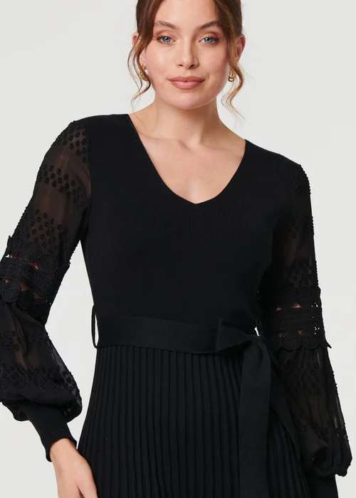 Izabel London Black Pleated Lace Puff Sleeve Midi Dress - 8 Image 3
