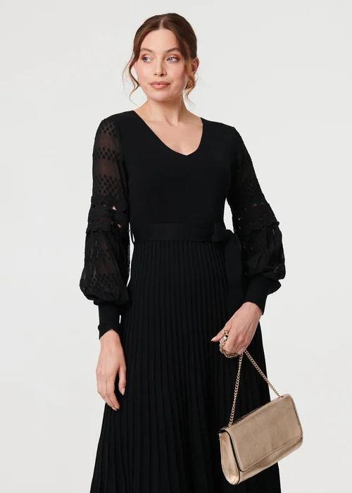 Izabel London Black Pleated Lace Puff Sleeve Midi Dress - 8 Image 4