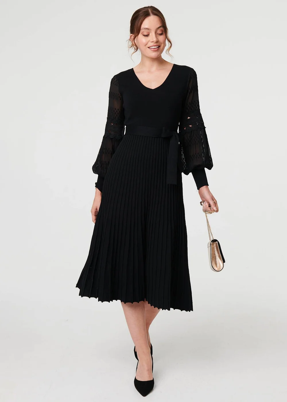 Izabel London Black Pleated Lace Puff Sleeve Midi Dress - 8 Image 1