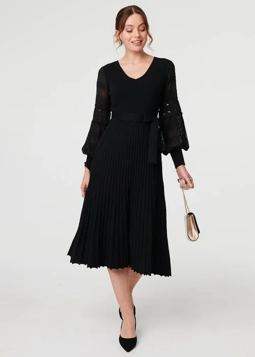 Izabel London Black Pleated Lace Puff Sleeve Midi Dress - 8 Image 1