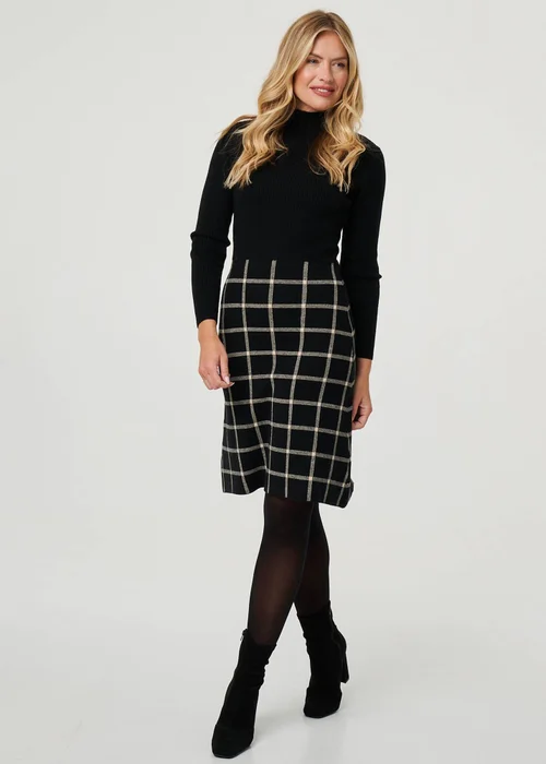 Izabel London Black Checked High Neck Knit Skater Midi Dress - 8 Image 1
