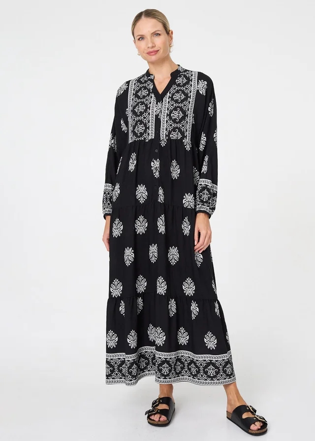 Izabel London Black Border Print Tier Long Sleeve Maxi Dress