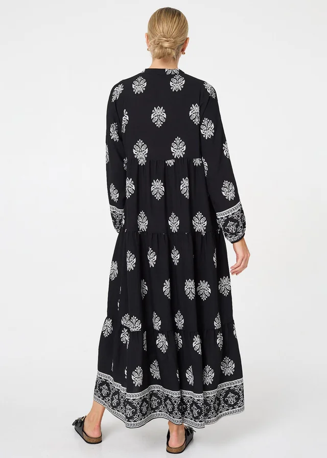 Izabel London Black Border Print Tier Long Sleeve Maxi Dress