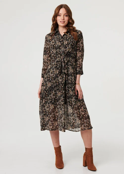 Izabel London Black Abstract Tie Waist Shirt Midi Dress - 14 Image 1