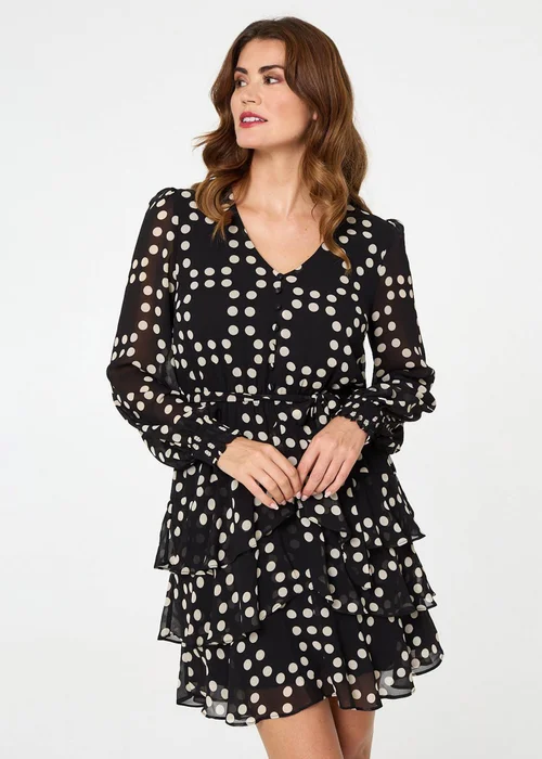 Izabel London Black Polka Dot Semi Sheer Layer Short Dress - 16 Image 1