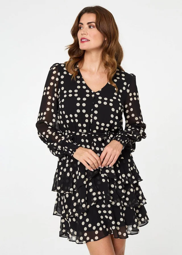 Izabel London Black Polka Dot Semi Sheer Layer Short Dress