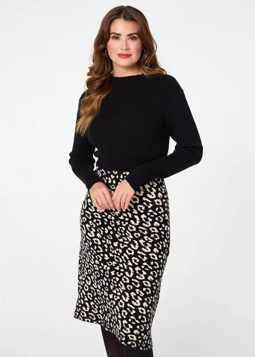 Izabel London Black Animal Print Contrast Knit Midi Dress - 12 Image 1