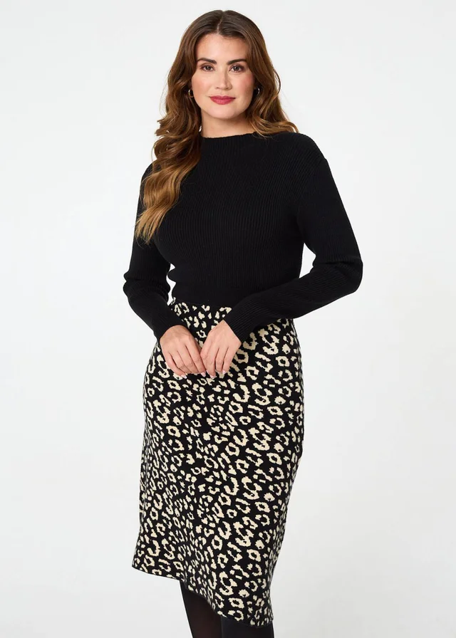 Izabel London Black Animal Print Contrast Knit Midi Dress