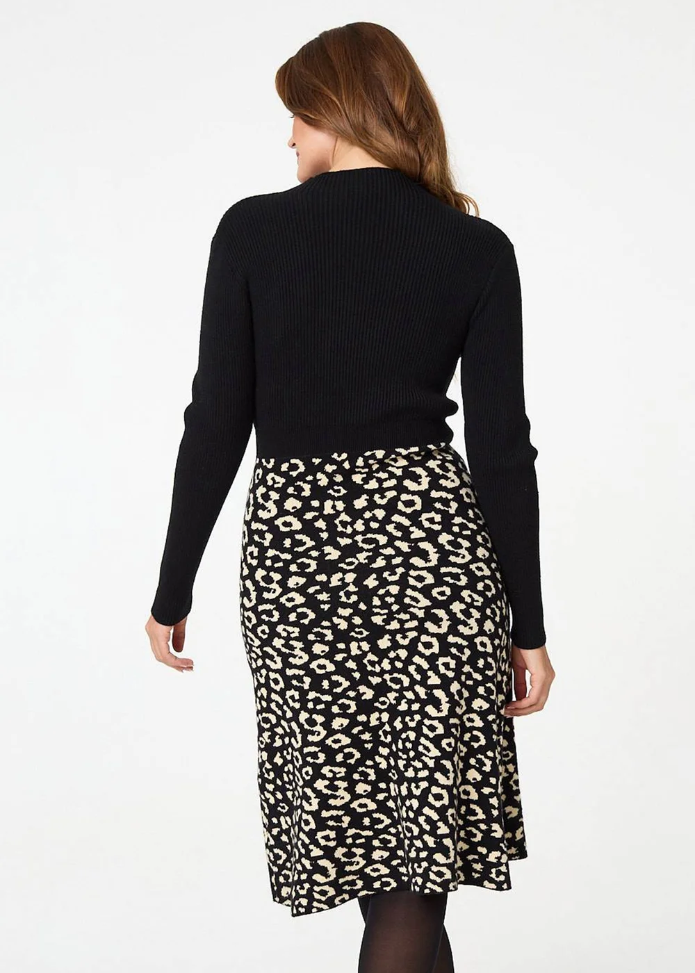 Izabel London Black Animal Print Contrast Knit Midi Dress - 12 Image 2