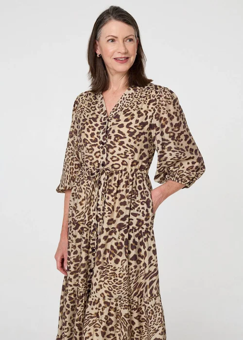 Izabel London Brown Animal Print 3/4 Puff Sleeve Midi Dress - 8 Image 4