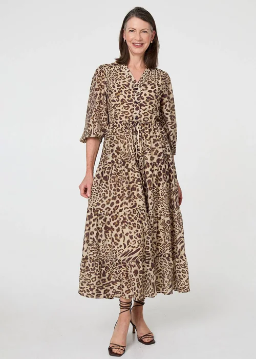 Izabel London Brown Animal Print 3/4 Puff Sleeve Midi Dress - 8 Image 1