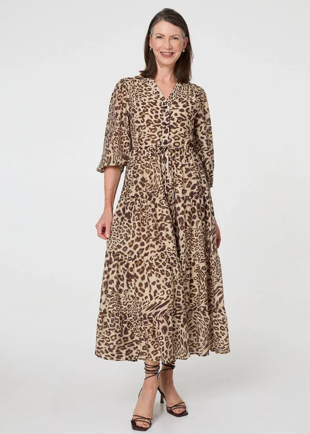 Izabel London Brown Animal Print 3/4 Puff Sleeve Midi Dress
