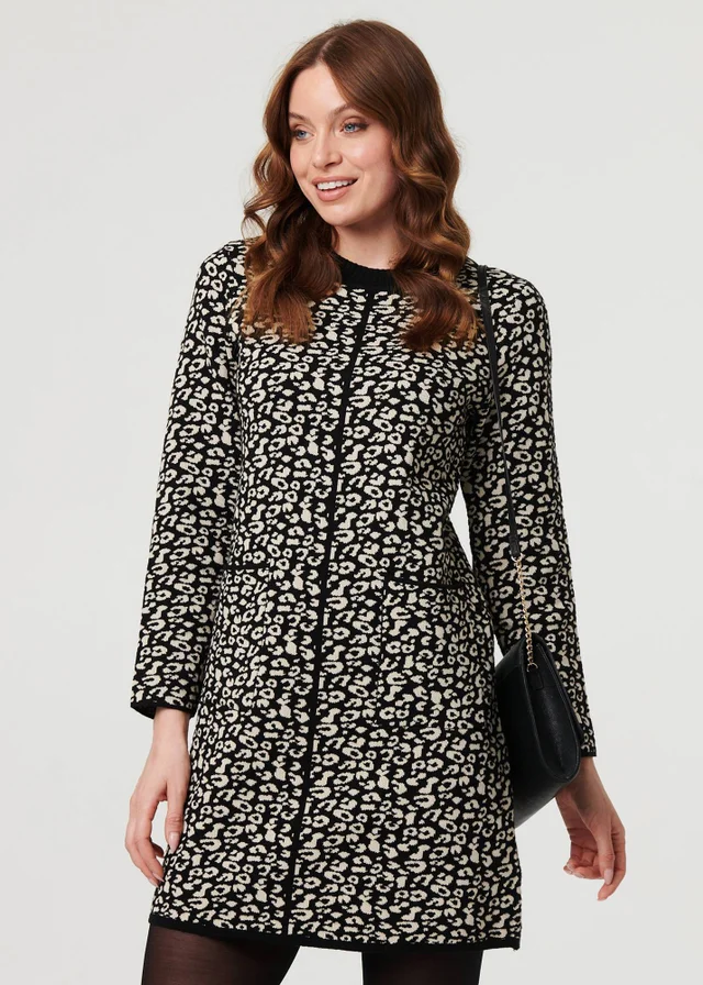 Izabel London Black Animal Print Short Knit Shift Dress
