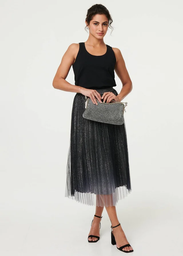Izabel London Black Sparkly Semi Sheer High Waist Midi Skirt