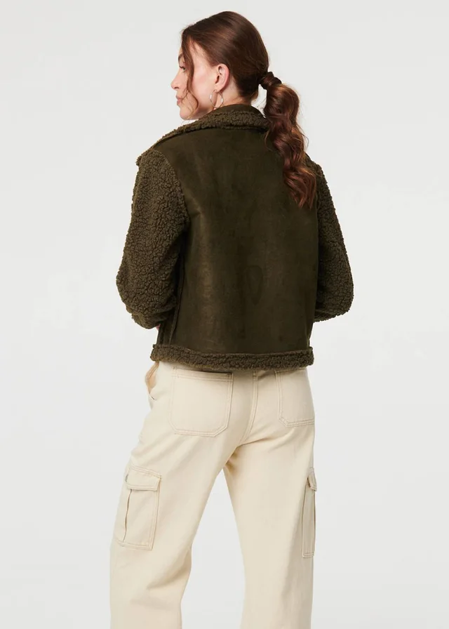 Izabel London Green Faux Suede Teddy Lined Biker Jacket