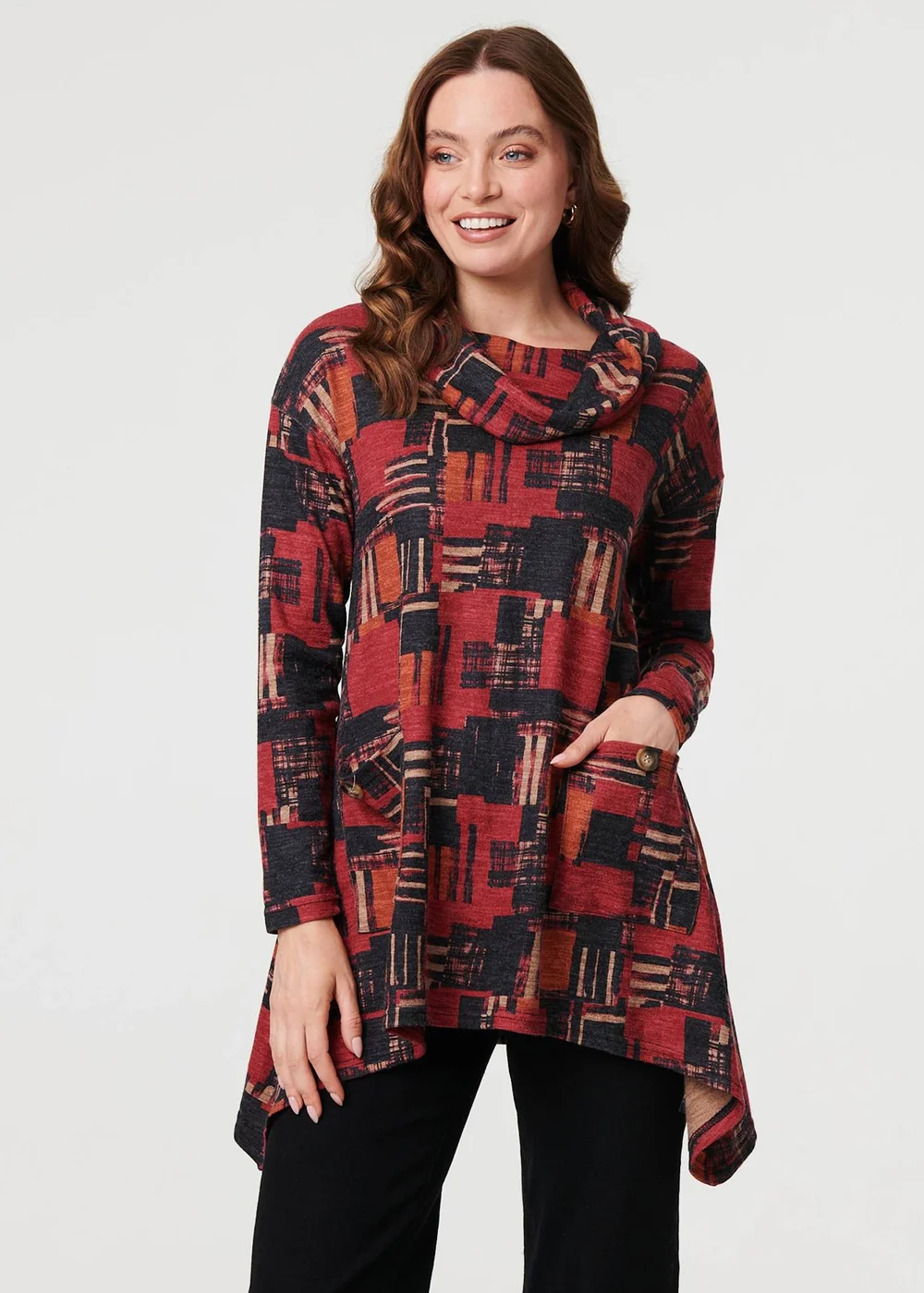 Izabel London Red Printed Long Sleeve Cowl Neck Tunic Top - Size 16 Image 1