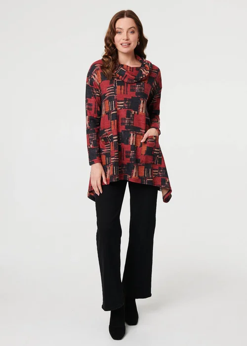 Izabel London Red Printed Long Sleeve Cowl Neck Tunic Top - Size 16 Image 4