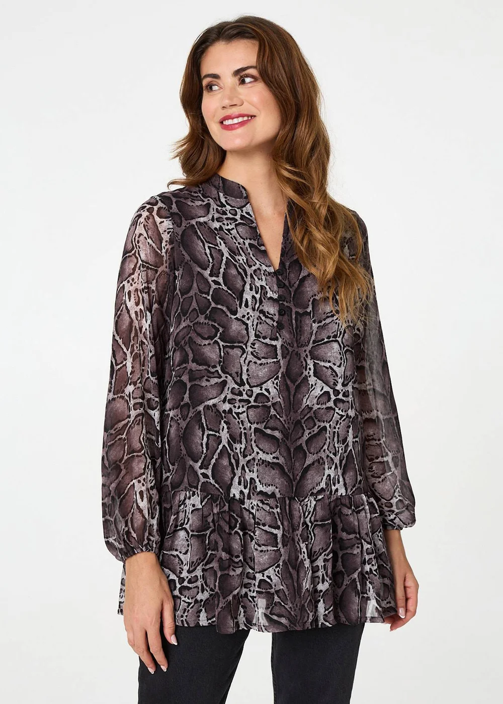 Izabel London Black Printed Long Sleeve Frilled Tunic Shirt - 8 Image 1