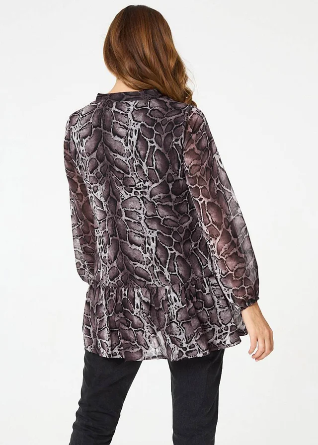 Izabel London Black Printed Long Sleeve Frilled Tunic Shirt