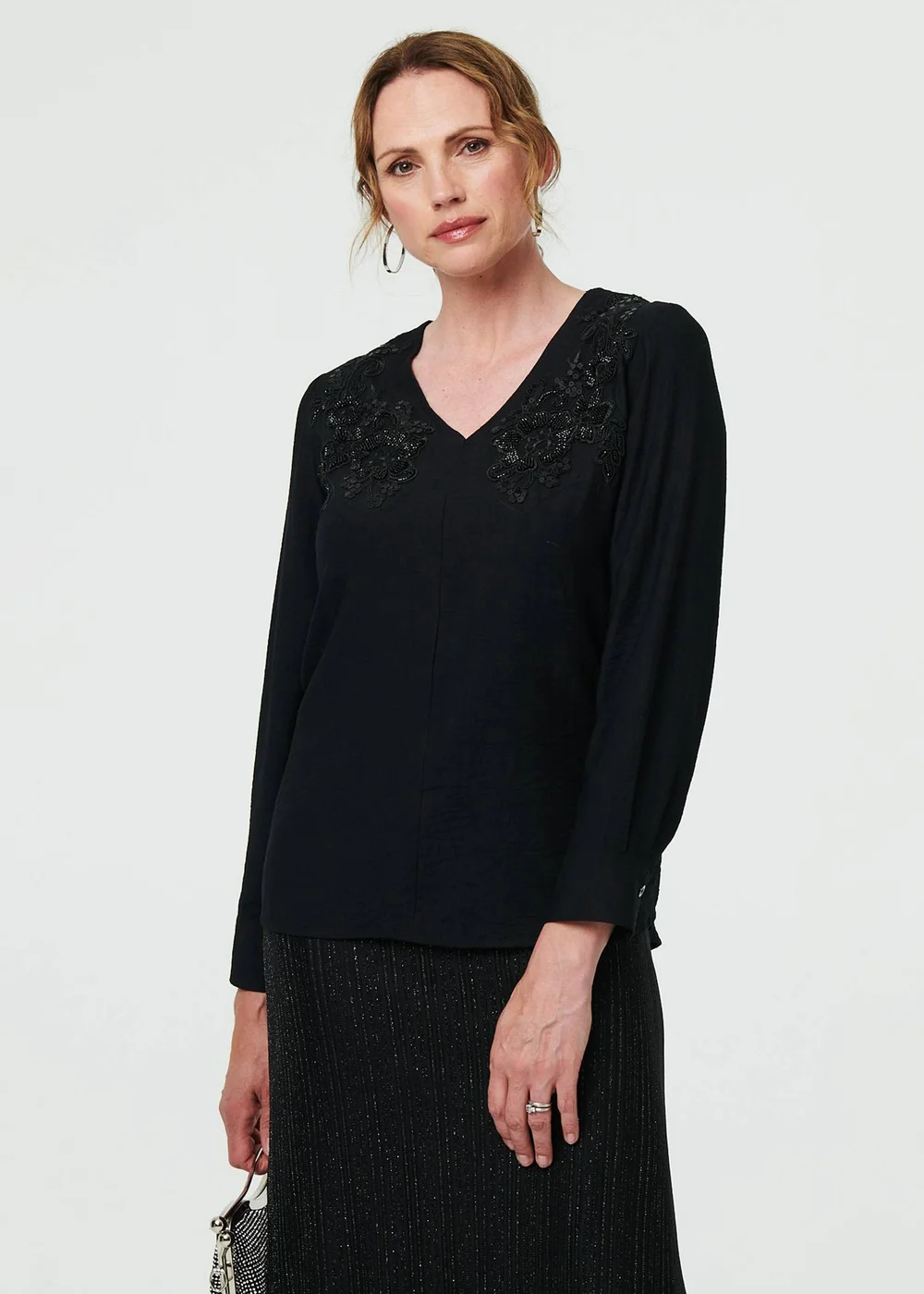 Izabel London Black Floral Embroidered Long Sleeve Top - 12 Image 1
