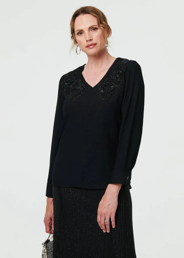 Izabel London Black Floral Embroidered Long Sleeve Top